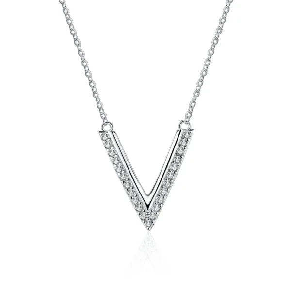 Radiant Elegance: 0.19 Carat V-Shape Moissanite Diamond Pendant Necklace - Women's 925 Silver Plated with 18K Gold Collarbone Accent.