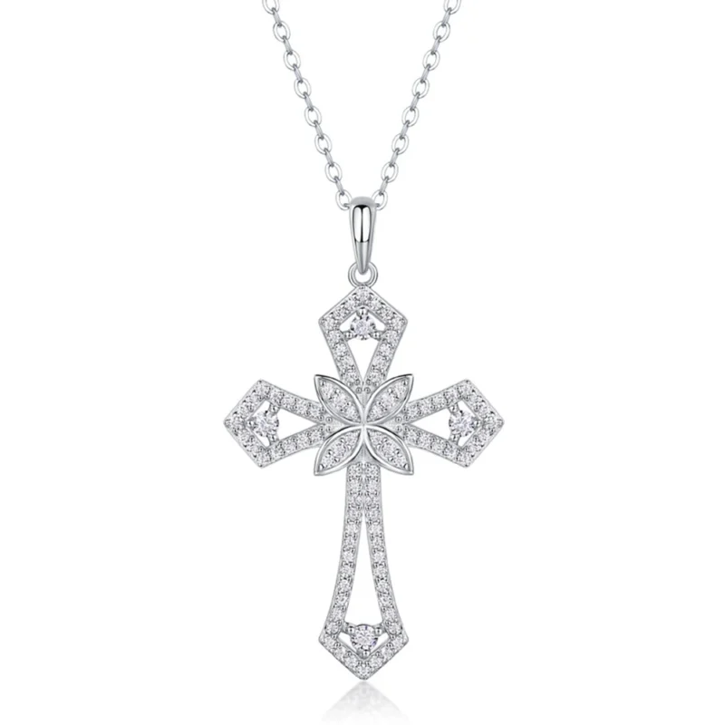 Dazzling Devotion: 925 Sterling Silver Cross Pendant Necklace with VVS1 3EX D Color Real Moissanite Diamond Gems.