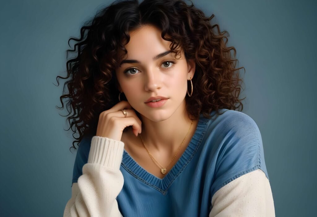 Girl with curley hair wearing jewelry