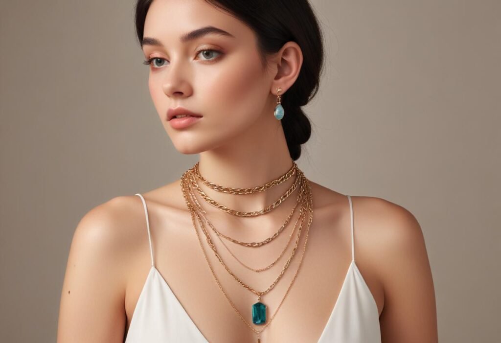 elegant woman wearing Layer delicate chains with chunky necklaces, or pair statement earring