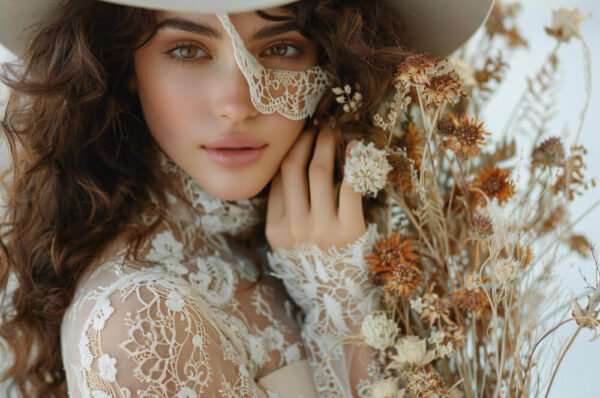 A woman in boho holds an arrangement of dried flowers her hand covering the face with only one eye