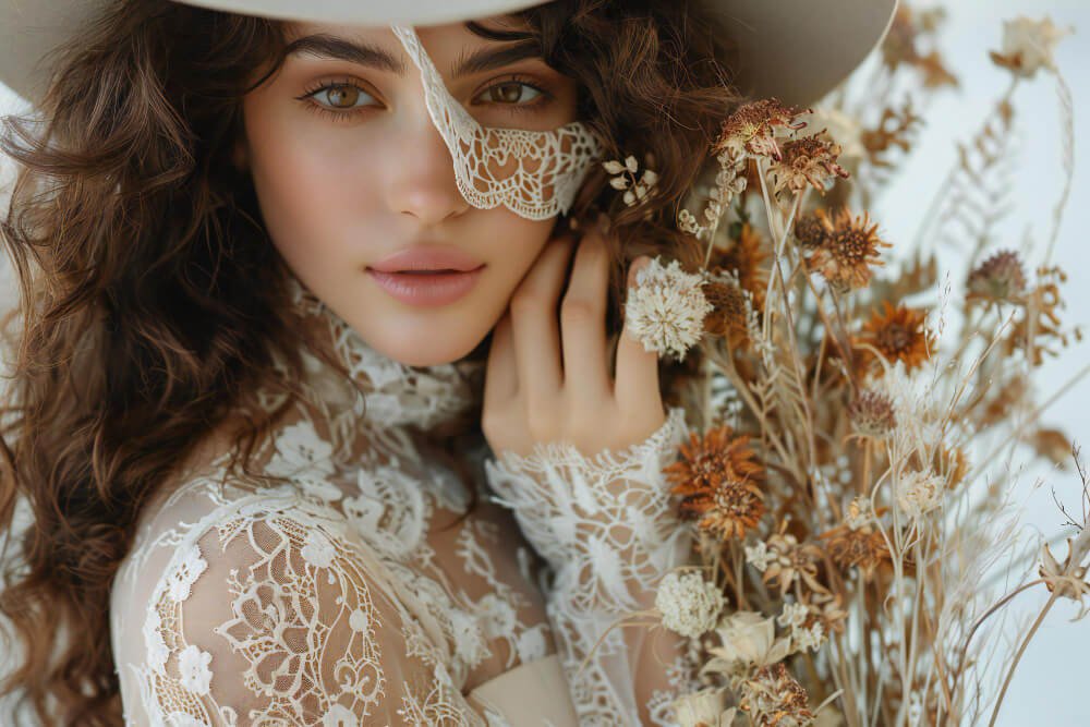 A woman in boho holds an arrangement of dried flowers her hand covering the face with only one eye